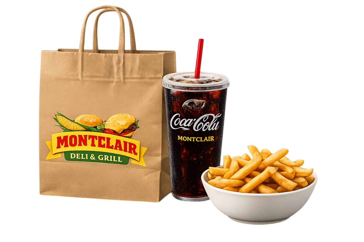 Montclair Deli & Grill delivery bag, cola, and fries